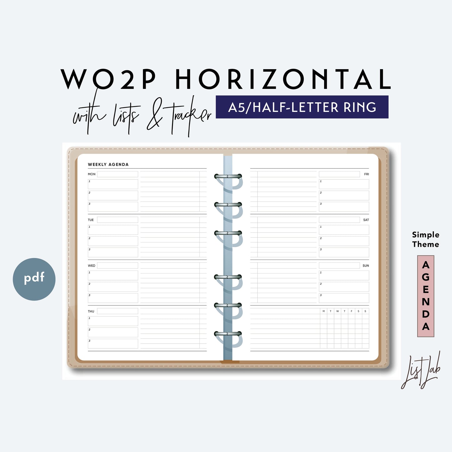 A5 / Half-Letter Ring WO2P Horizontal with Tracker & Lists Printable Set