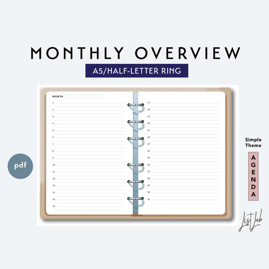 A5 and Half-Letter Ring MONTHLY OVERVIEW Printable Set