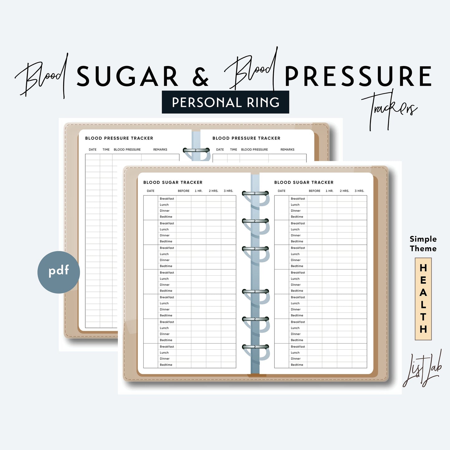 Personal Ring BLOOD SUGAR and Blood PRESSURE Trackers Printable Insert Set