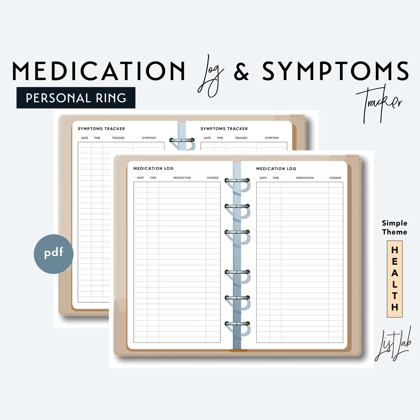 Personal Ring MEDICATION Log and SYMPTOMS Trackers Printable Insert Set