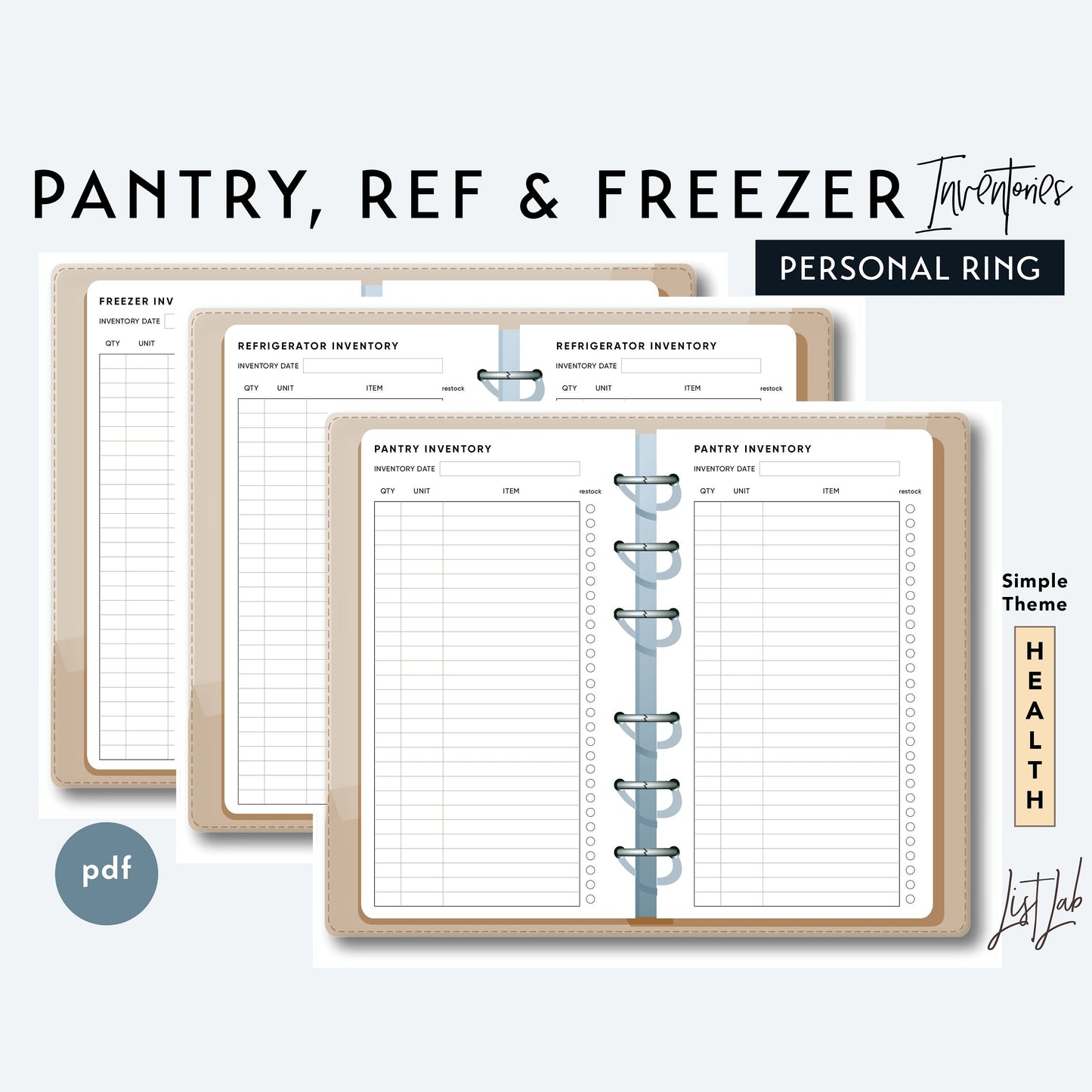 Personal Ring PANTRY, REF and FREEZER Inventories Printable Insert Set