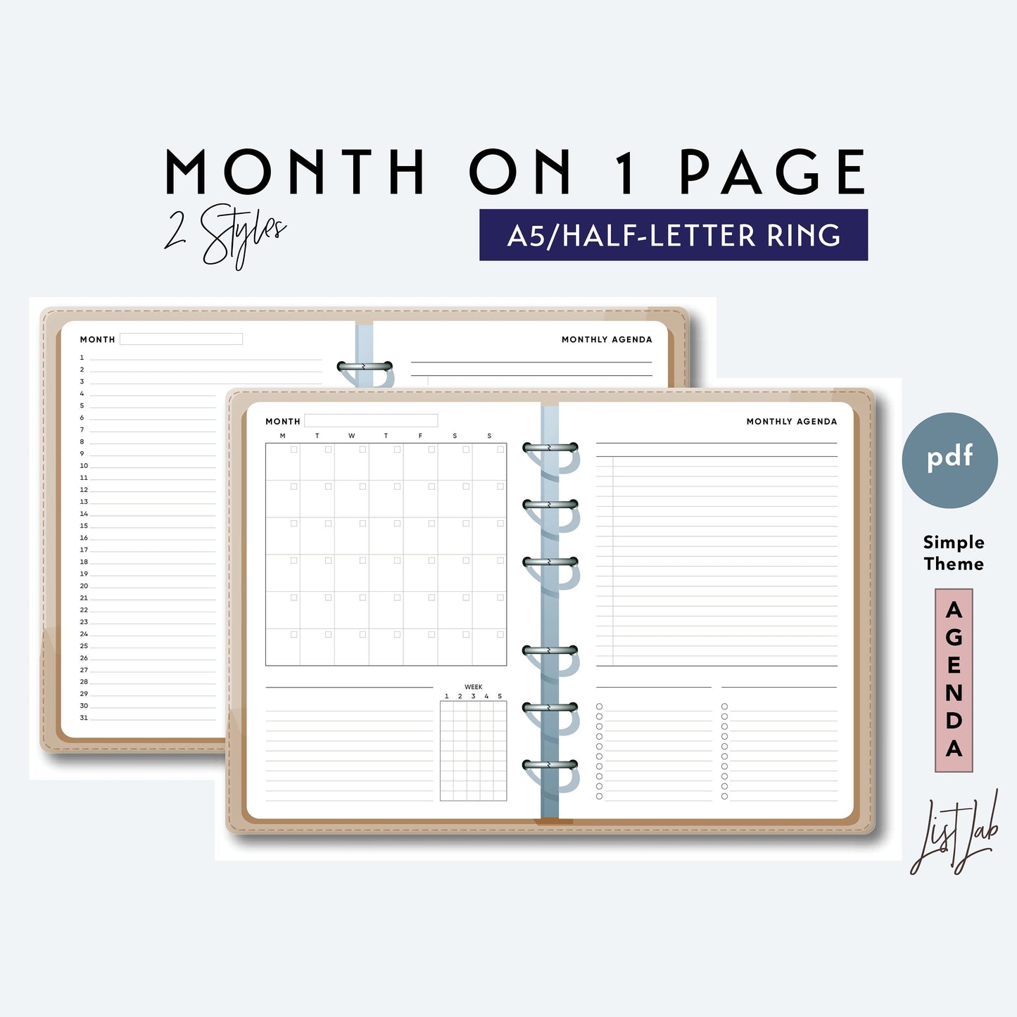 A5 / Half-Letter Ring MONTH ON 1 PAGE with Lists and Tracker Printable Set