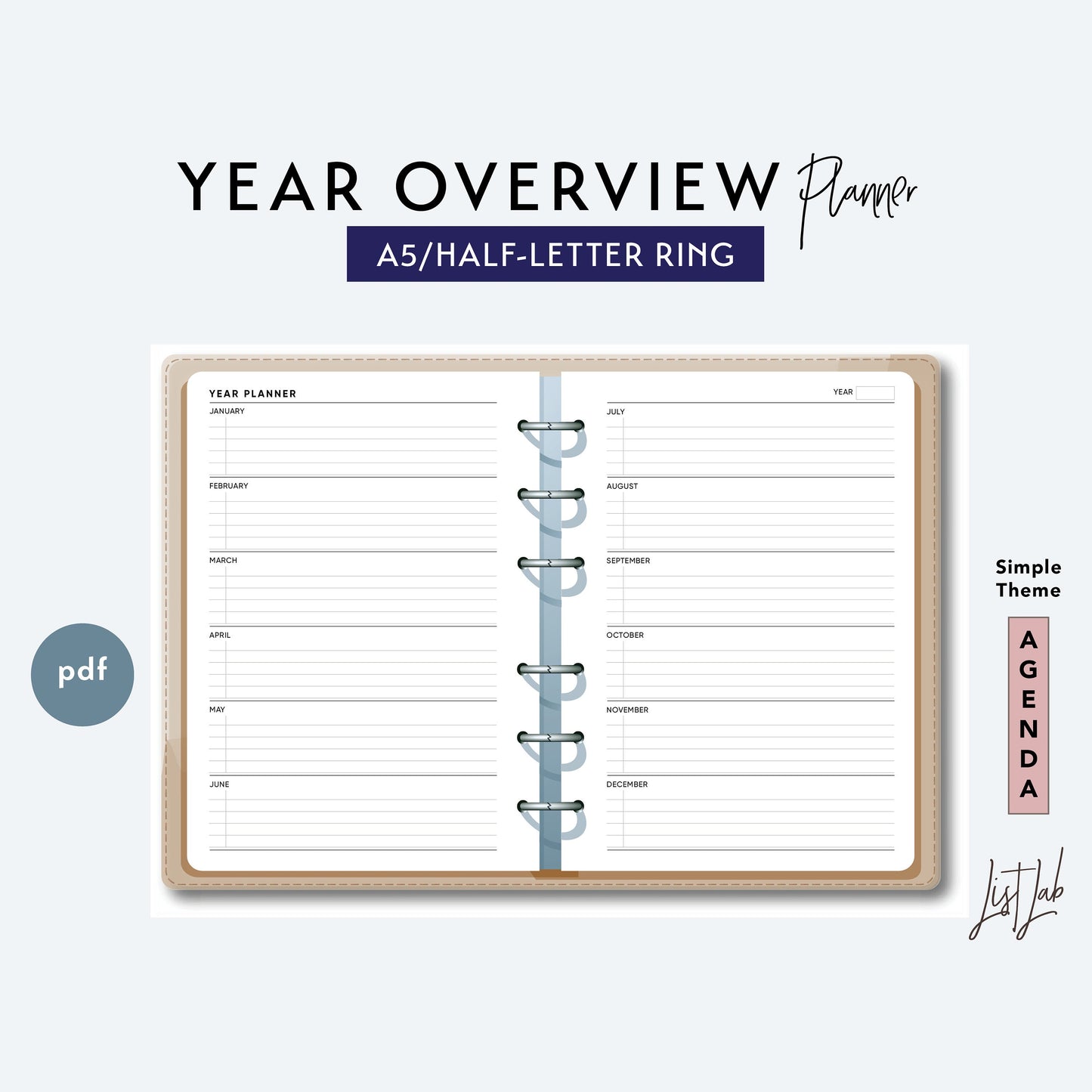 A5 / Half-Letter Ring  Year Overview Printable Set