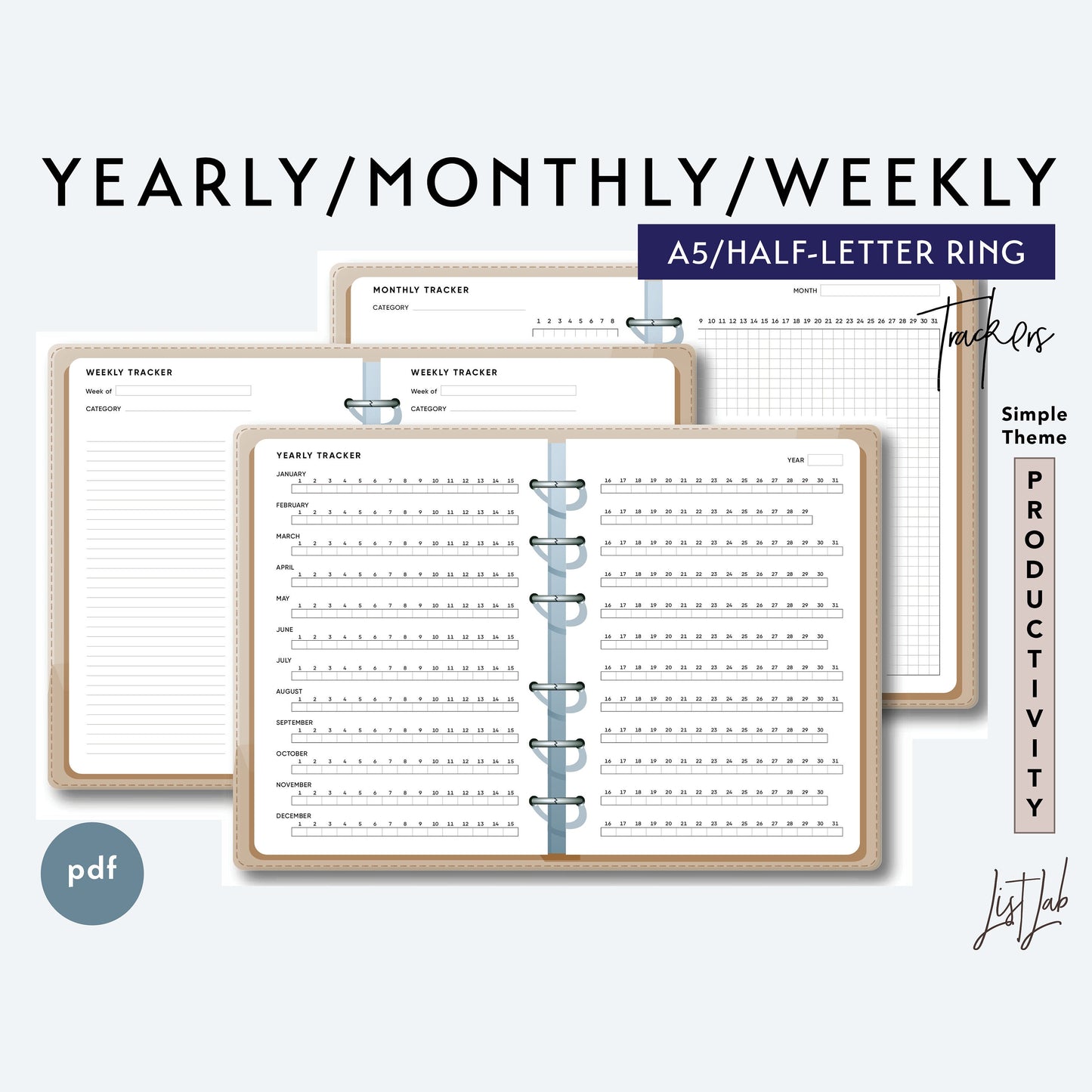 A5 / Half-Letter Ring Yearly Monthly Weekly Trackers Printable Set