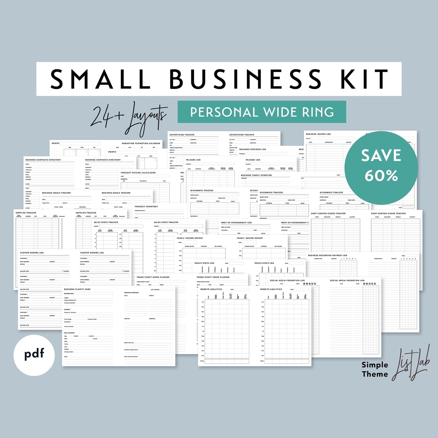 Personal Wide Ring SMALL BUSINESS KIT Printable Insert Set