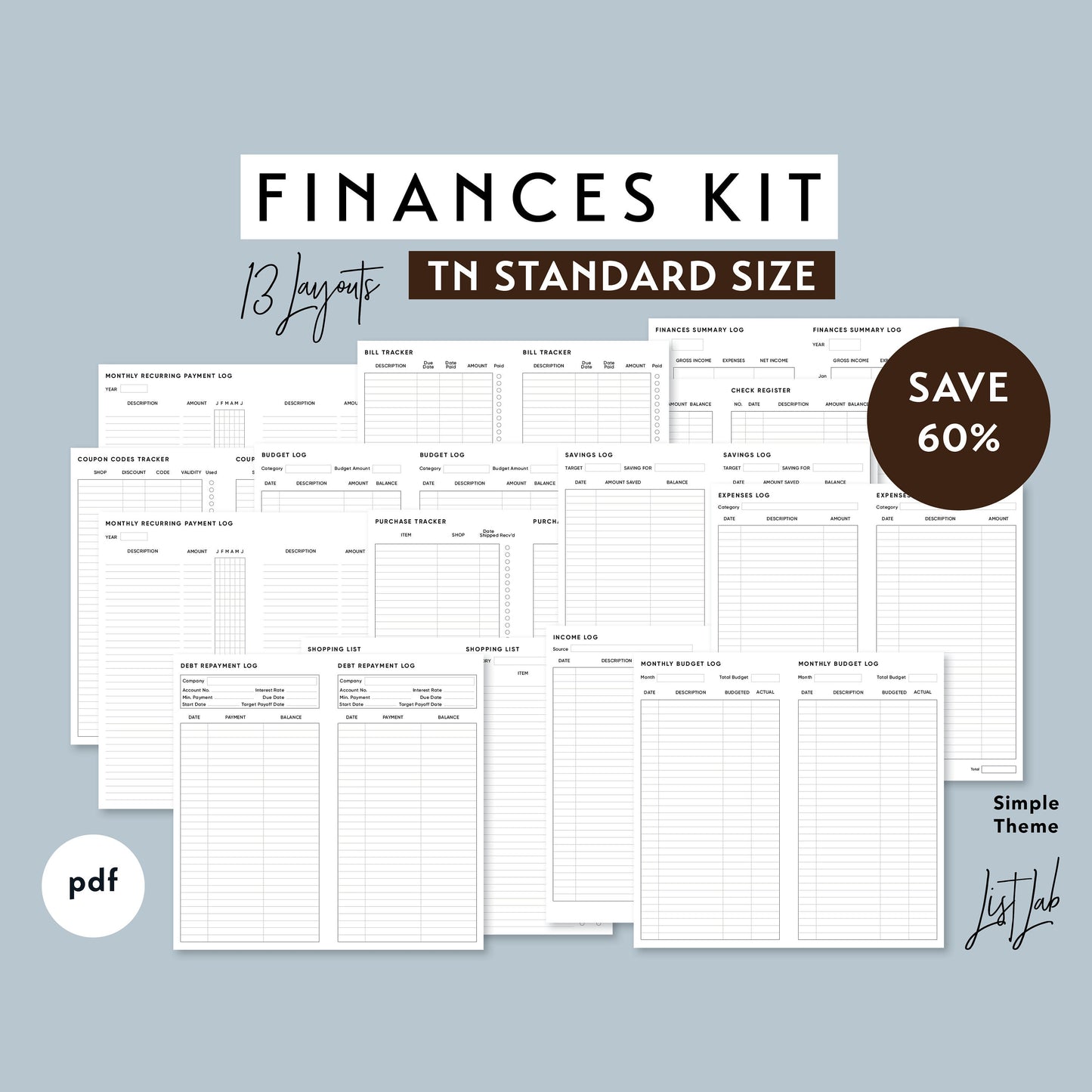 Standard FINANCES KIT TN Printable Planner Insert Set