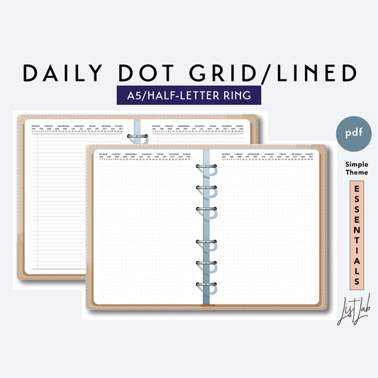 A5 / Half-Letter Ring DAILY DOT GRID & DAILY LINED  Printable Set