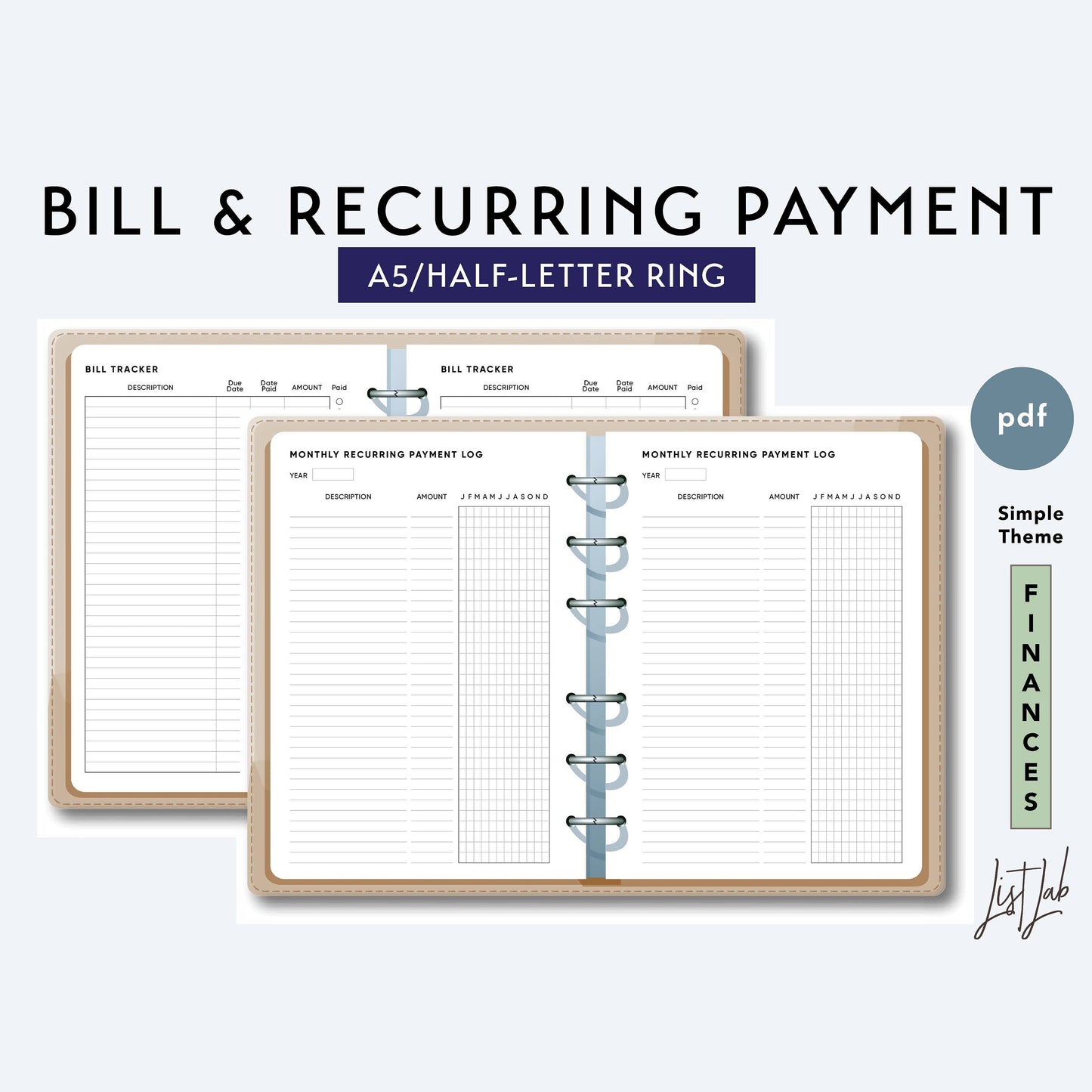 A5 / Half-Letter Ring BILL TRACKER & RECURRING PAYMENT LOGS  Printable Set