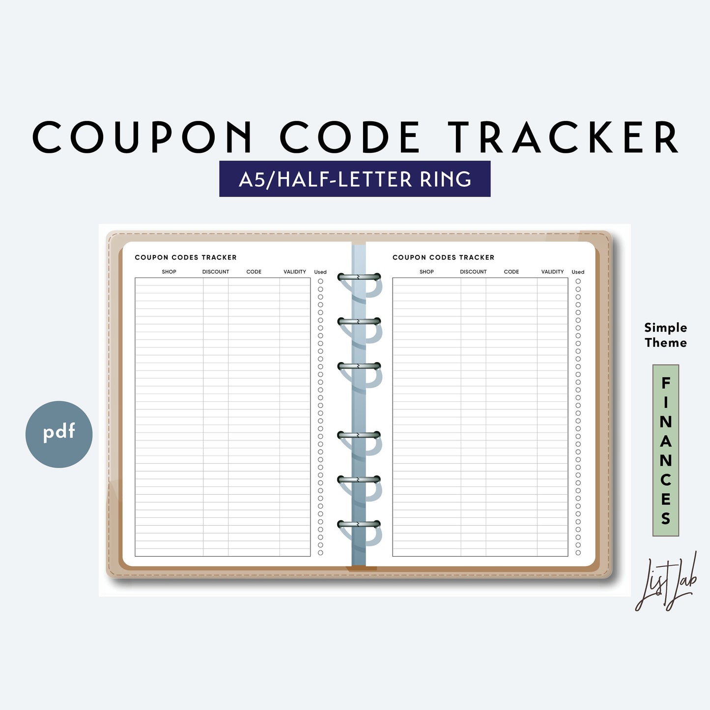 A5 / Half-Letter Ring COUPON CODE TRACKER Printable Set