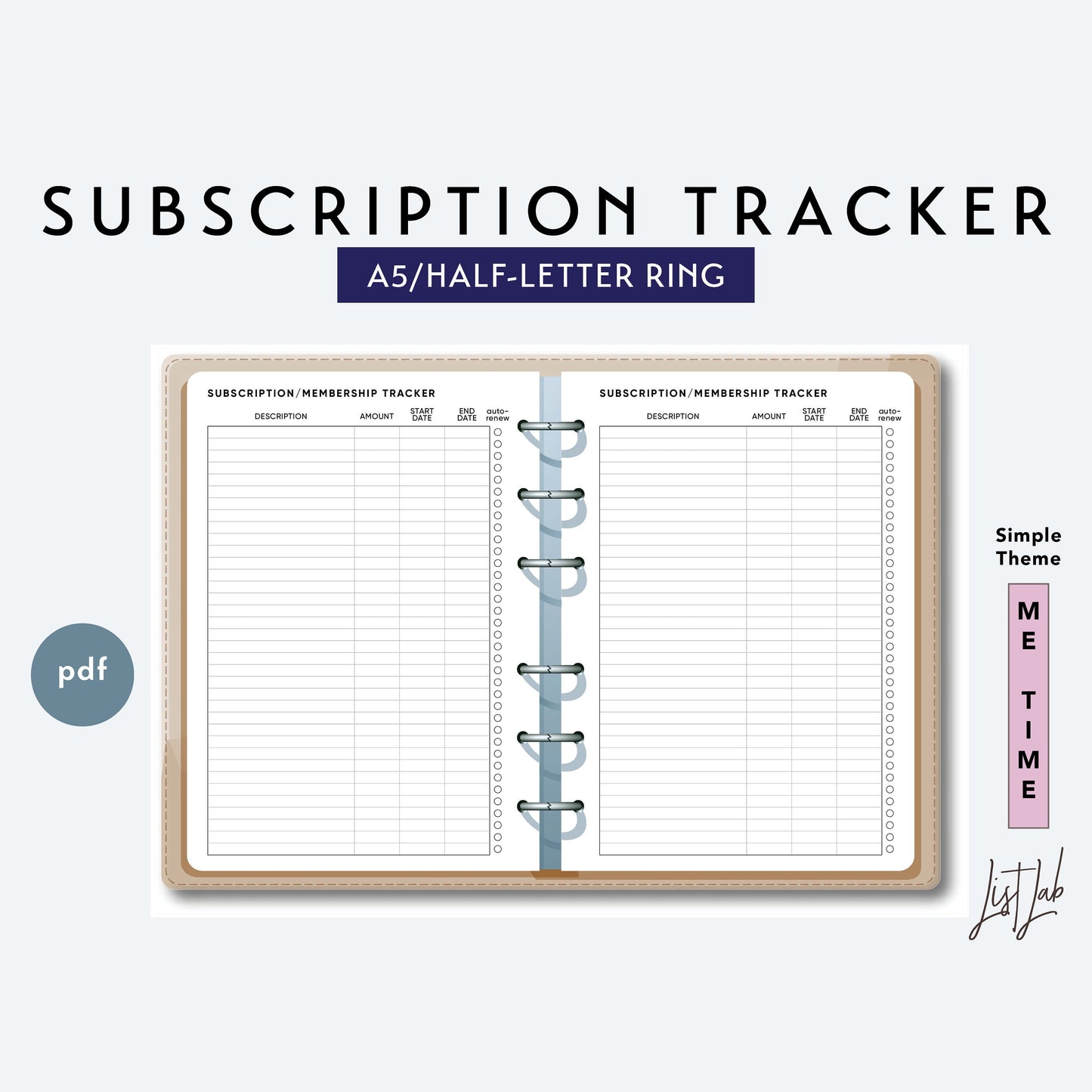 A5 / Half-Letter Ring SUBSCRIPTION TRACKER  Printable Set