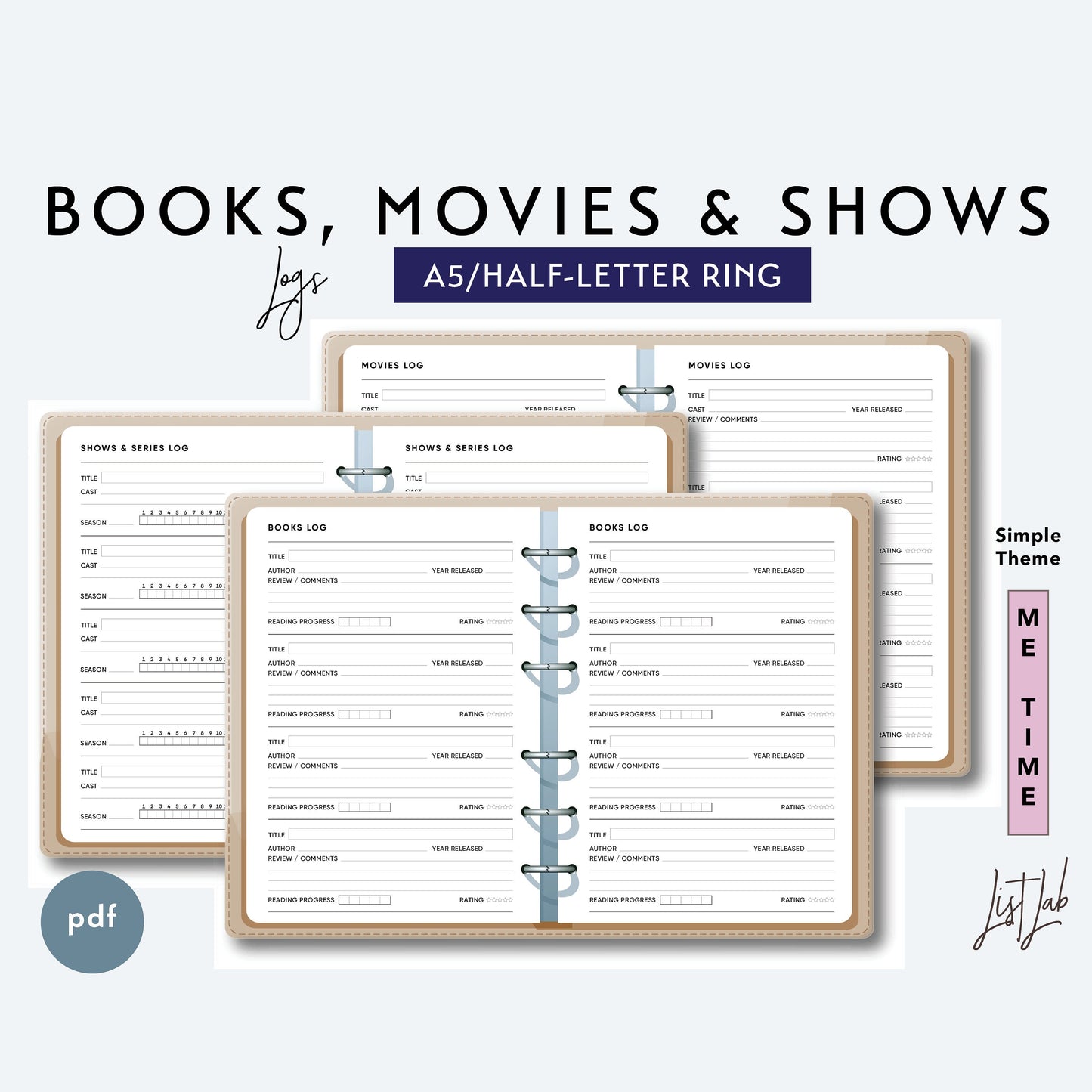 A5 and Half-Letter Ring BOOKS, MOVIES, SHOWS Logs Set Printable Set