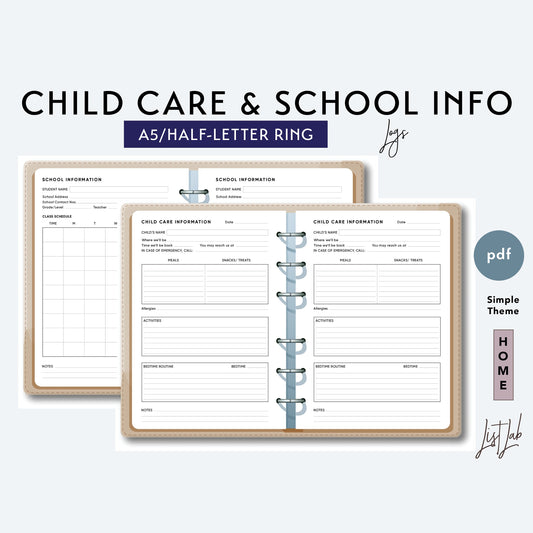 A5 / Half-Letter Ring CHILD CARE & SCHOOL INFO Printable Set