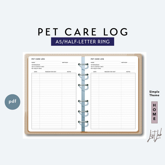 A5 / Half-Letter Ring PET CARE LOG Printable Set