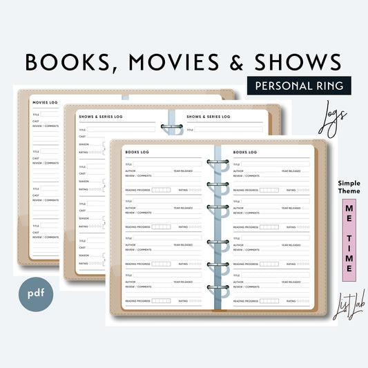 Personal Ring BOOKS, MOVIES & SHOWS LOGS Printable Insert Set