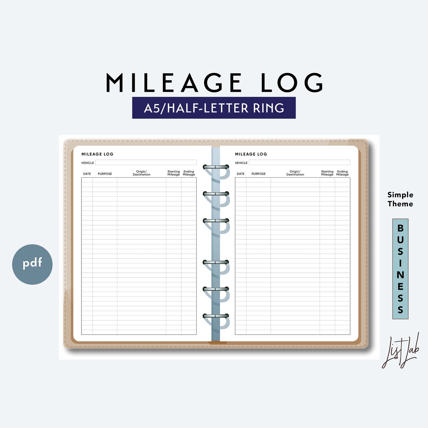 A5 / Half-Letter Ring Planner MILEAGE LOG Printable Set