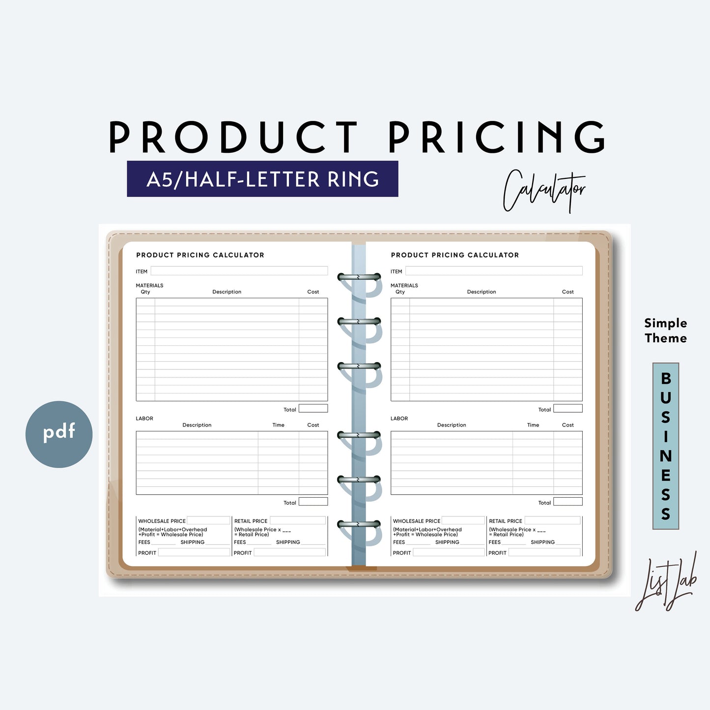 A5 / Half-Letter Ring PRODUCT PRICING Calculator Printable Set