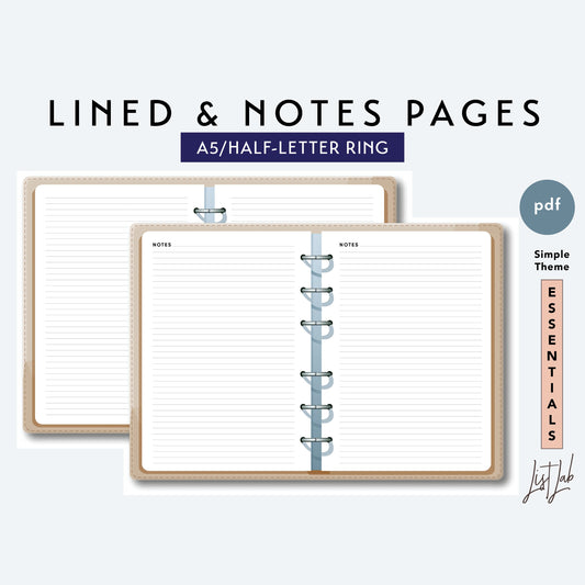 A5 / Half-Letter Ring LINED & NOTES Pages Printable Set