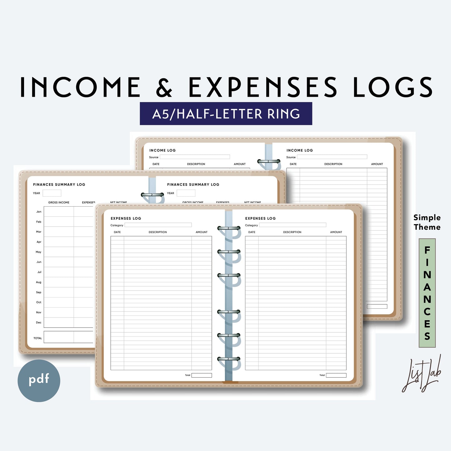 A5 / Half-Letter Ring INCOME and EXPENSES Logs  Printable Set