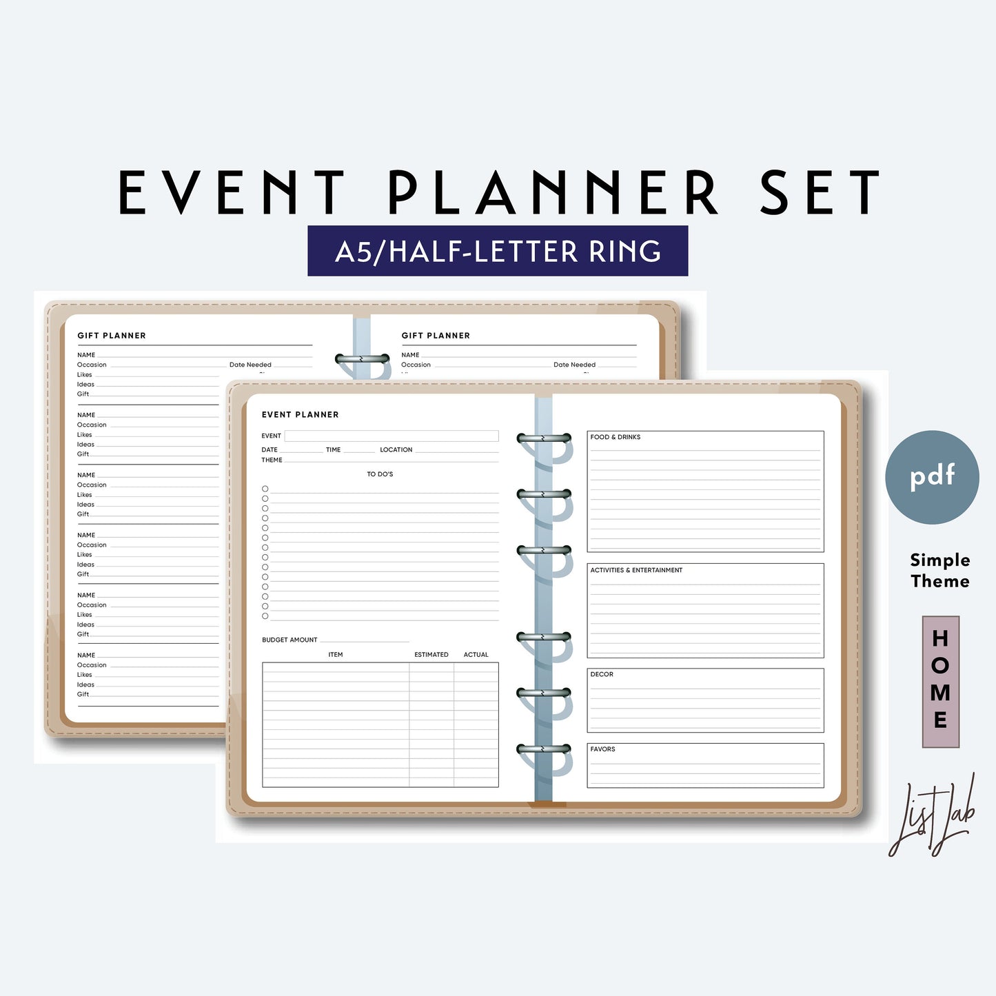 A5 / Half-Letter Ring EVENT and GIFT PLANNER Printable Set