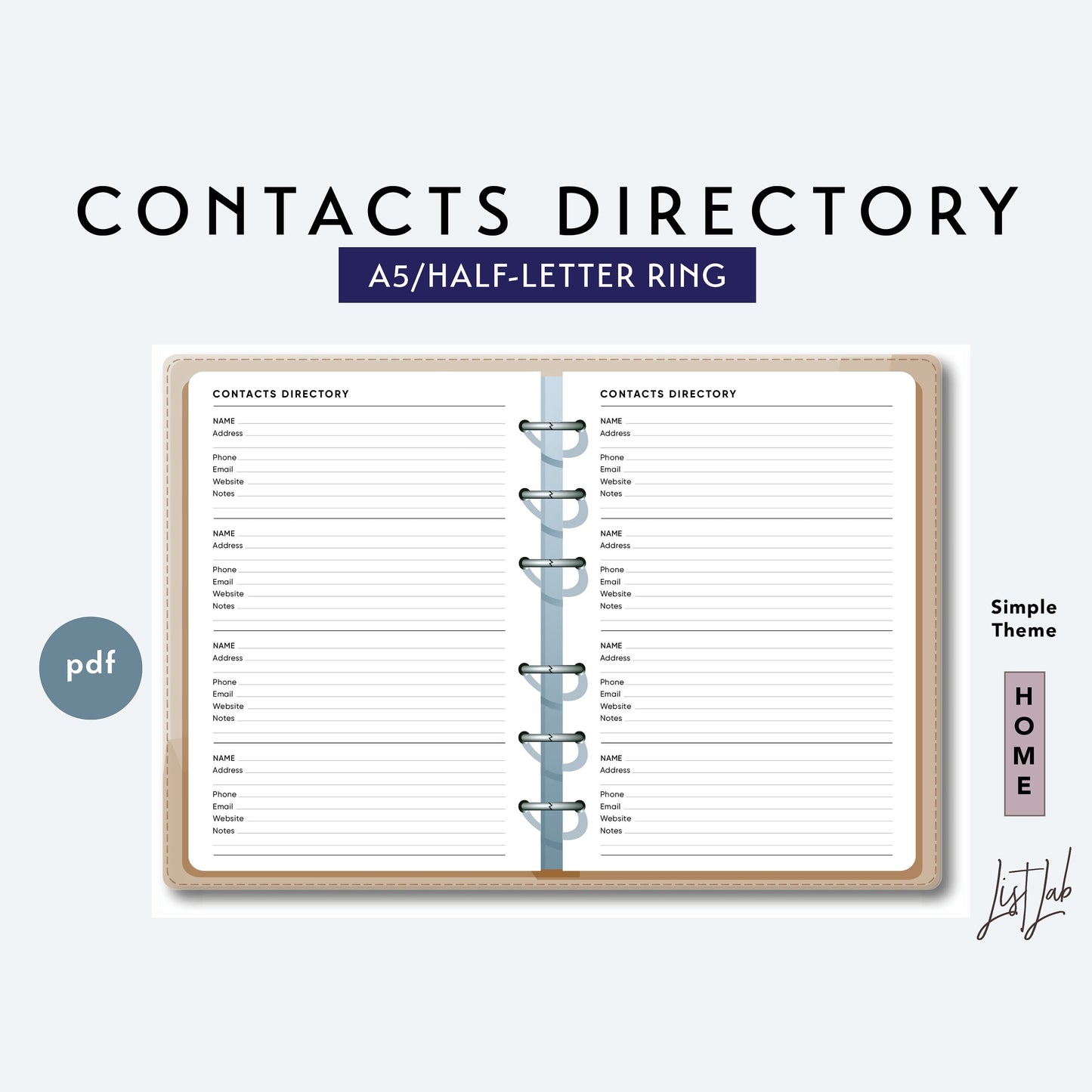 A5 / Half-Letter Ring CONTACTS DIRECTORY Printable Set