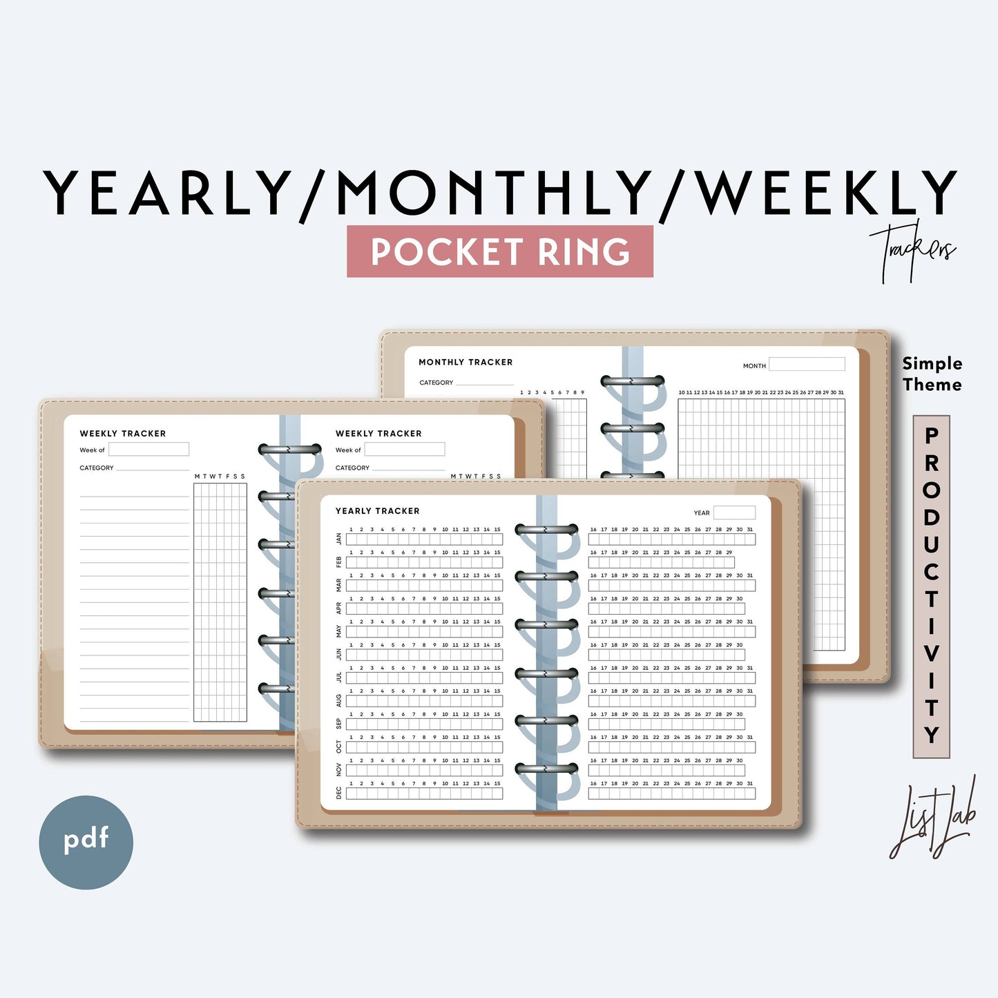 Pocket Ring YEARLY, MONTHLY, WEEKLY Trackers Printable Insert Set