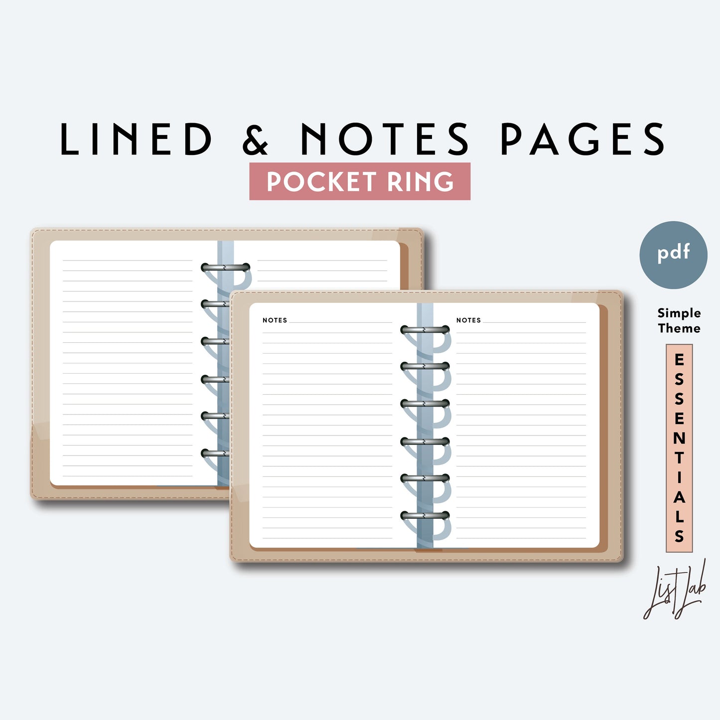 Pocket Ring LINED and NOTES Pages Printable Insert Set