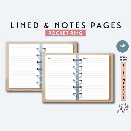 Pocket Ring LINED and NOTES Pages Printable Insert Set