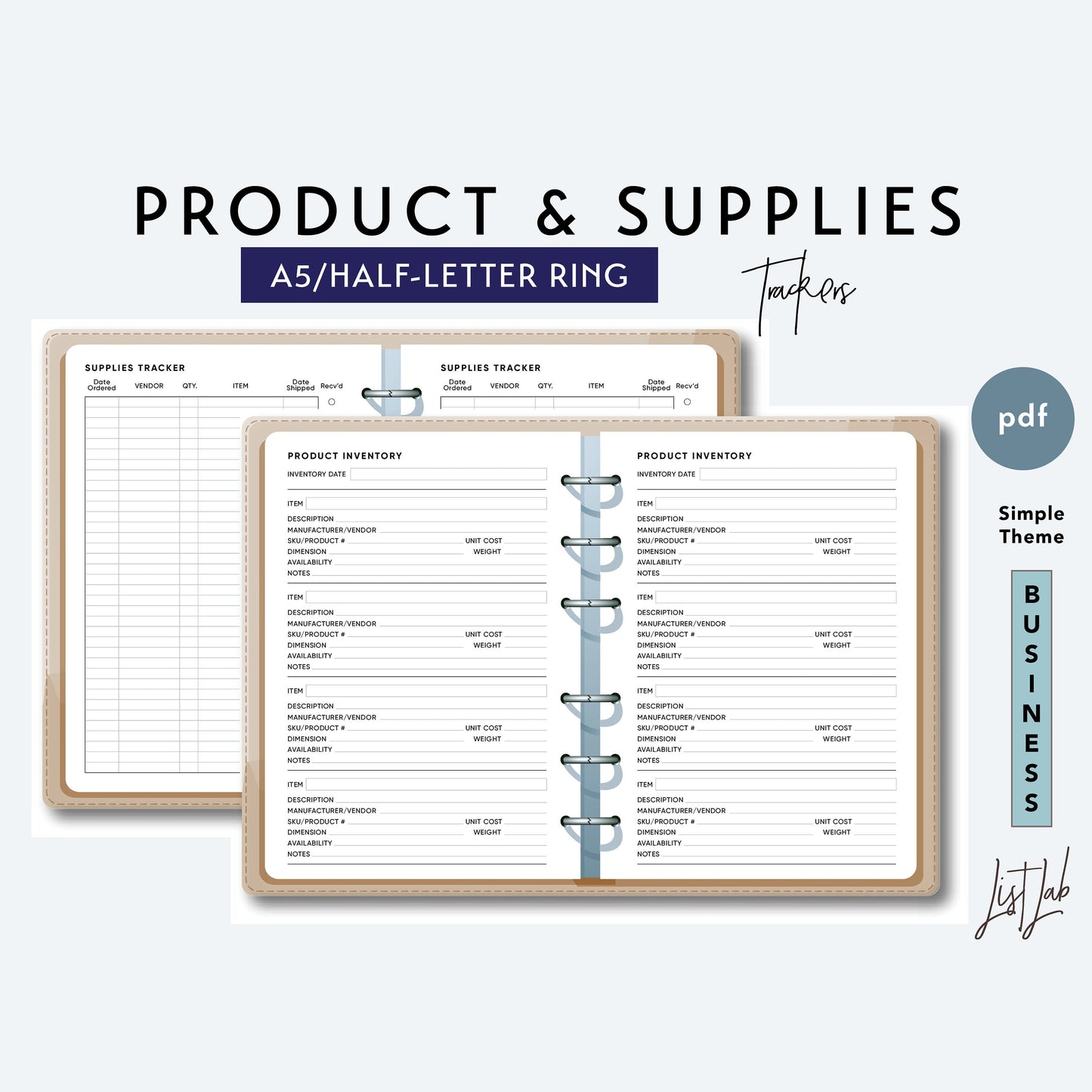A5 / Half-Letter Ring PRODUCT & SUPPLIES Inventories Printable Set