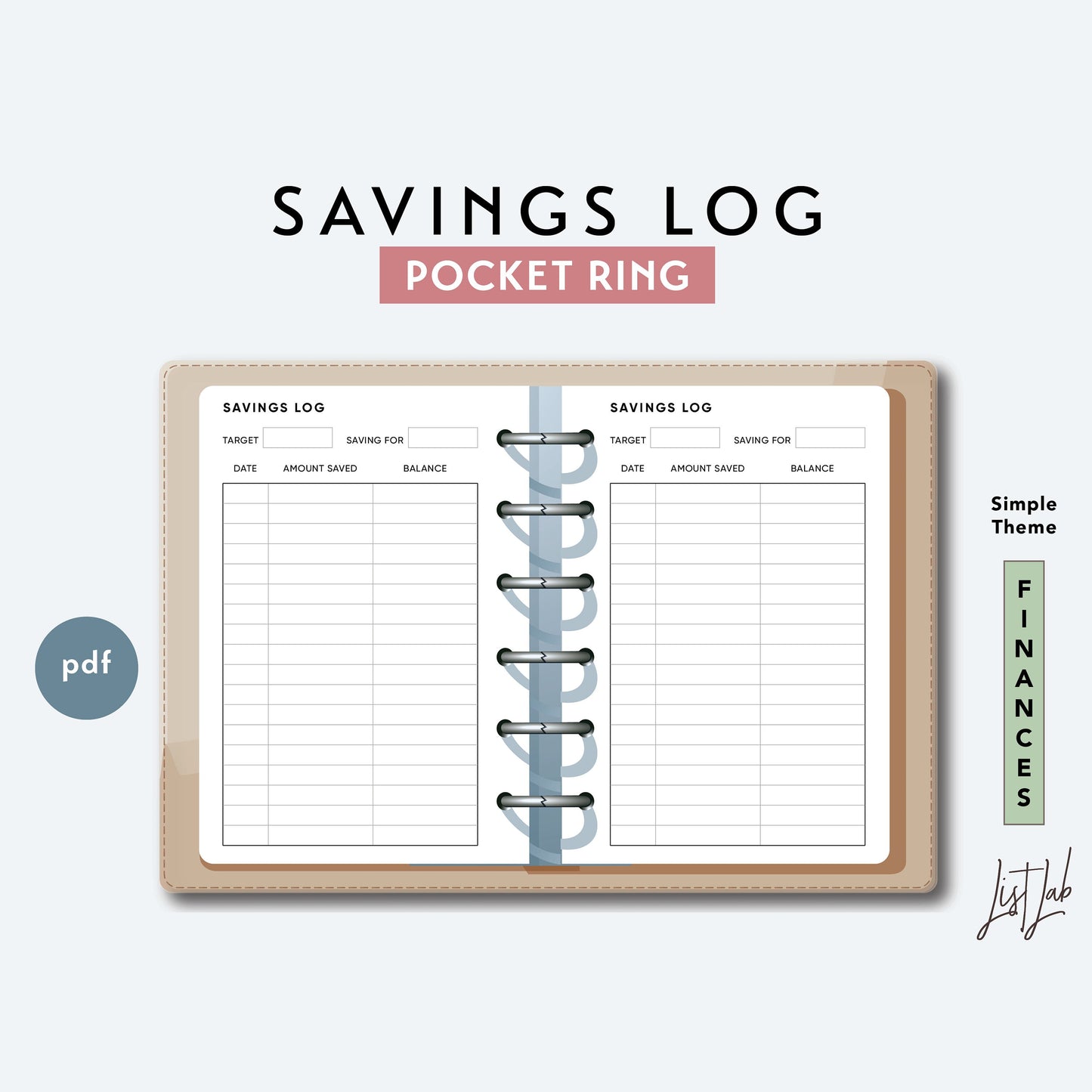 Pocket Ring SAVINGS LOG - Printable Ring Planner Insert - Simple Theme