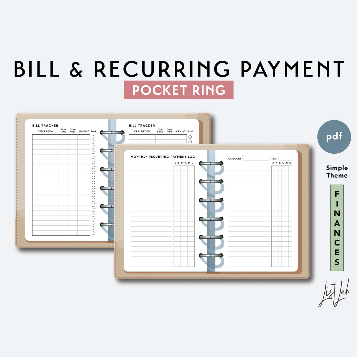 Pocket Ring BILL TRACKER and RECURRING Payment Log Printable Insert Set