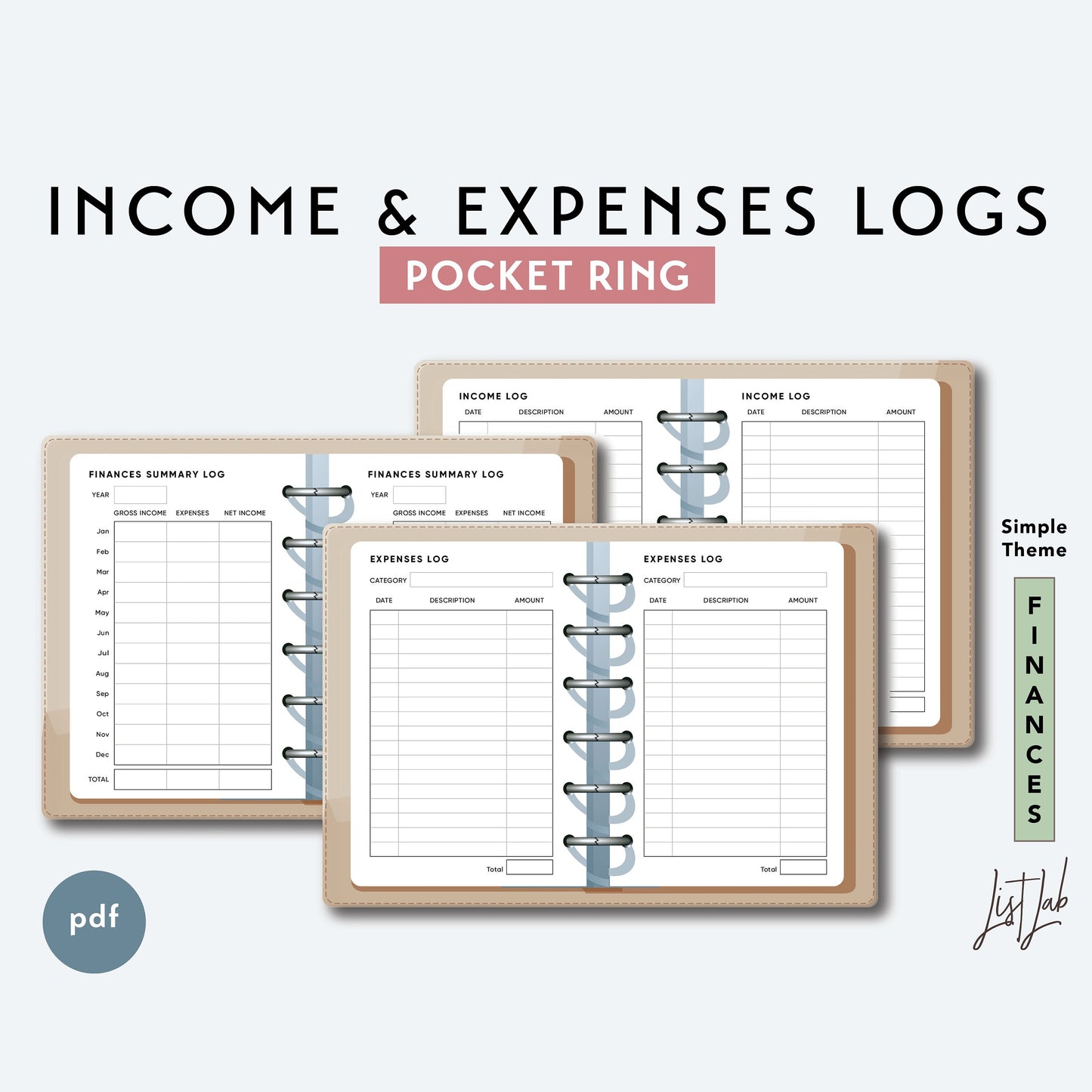 Pocket Ring INCOME and EXPENSES LOGS Printable Insert Set