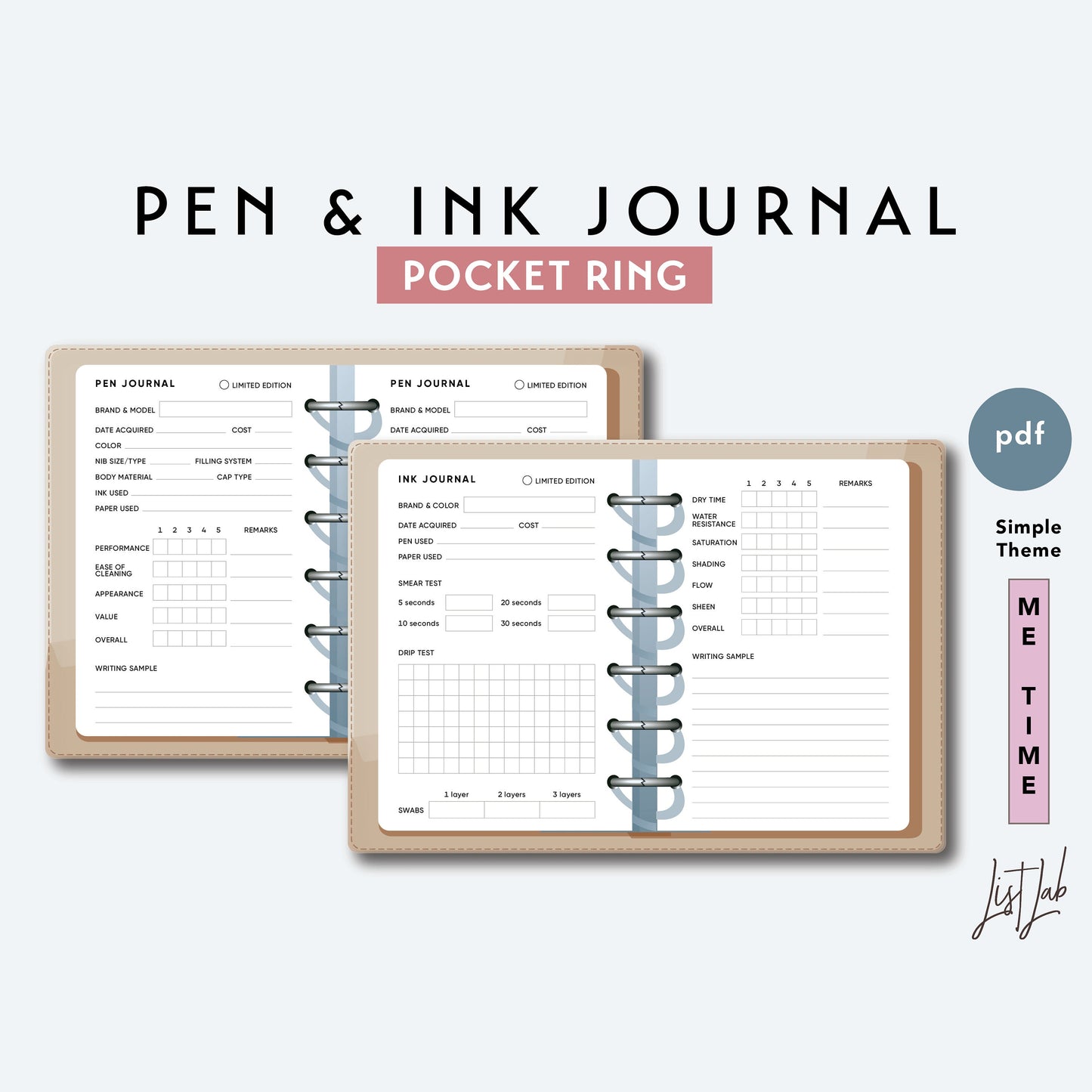 Pocket Ring PEN and INK JOURNAL Printable Insert Set