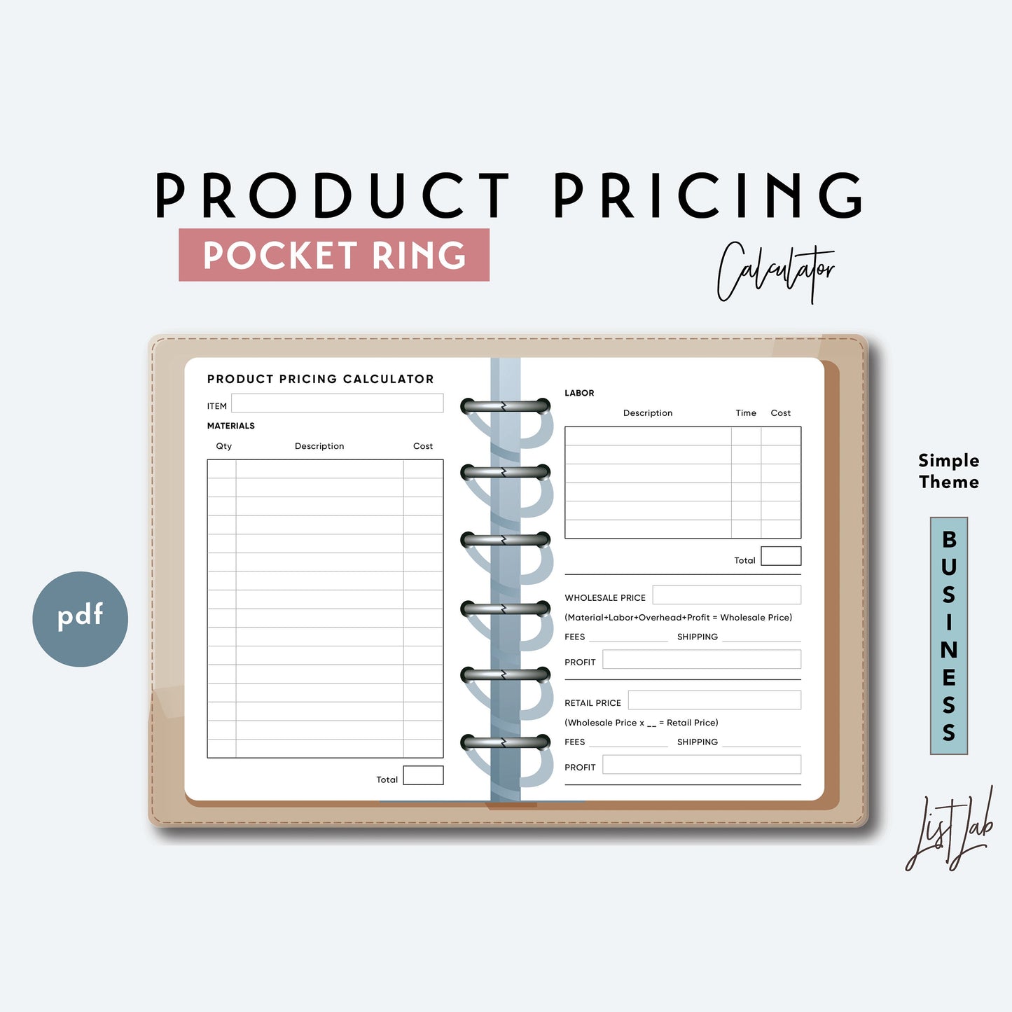 Pocket Ring PRODUCT PRICING CALCULATOR Printable Insert Set