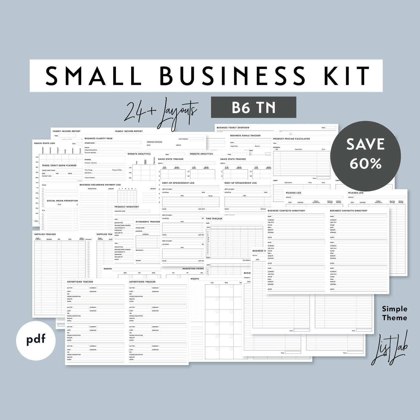 B6 TN SMALL BUSINESS Kit Printable Insert Set