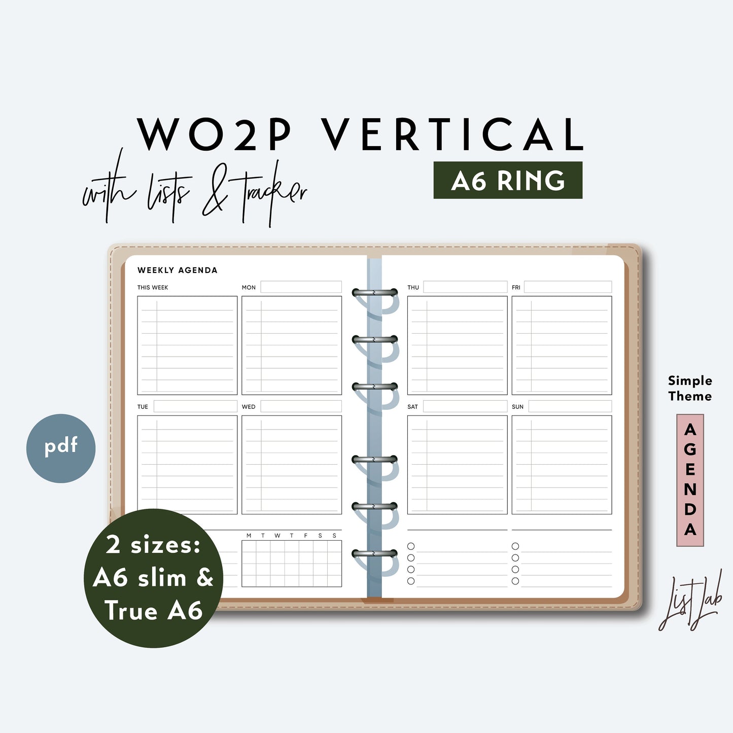 A6 Ring Week on 2 Pages WO2P Vertical - with Lists and Tracker Printable Set