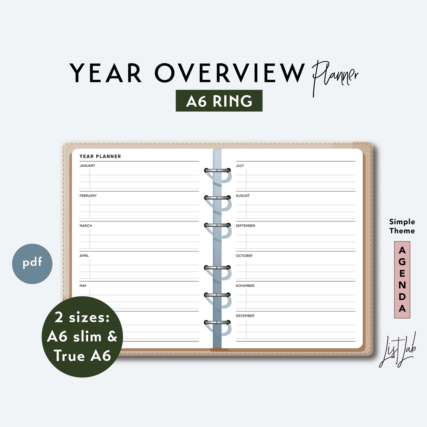 A6 Ring YEAR OVERVIEW PLANNER Printable Set