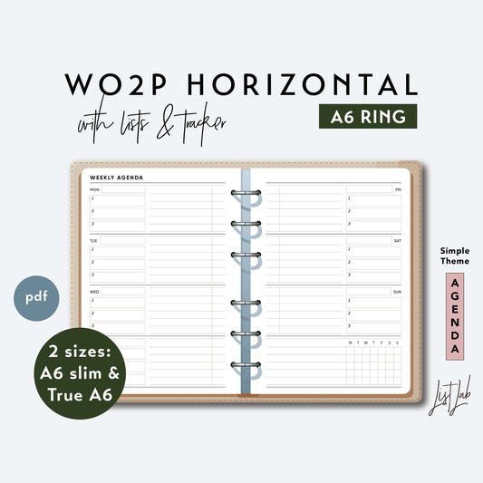 A6 Ring WO2P HORIZONTAL with Lists and Tracker Printable Set