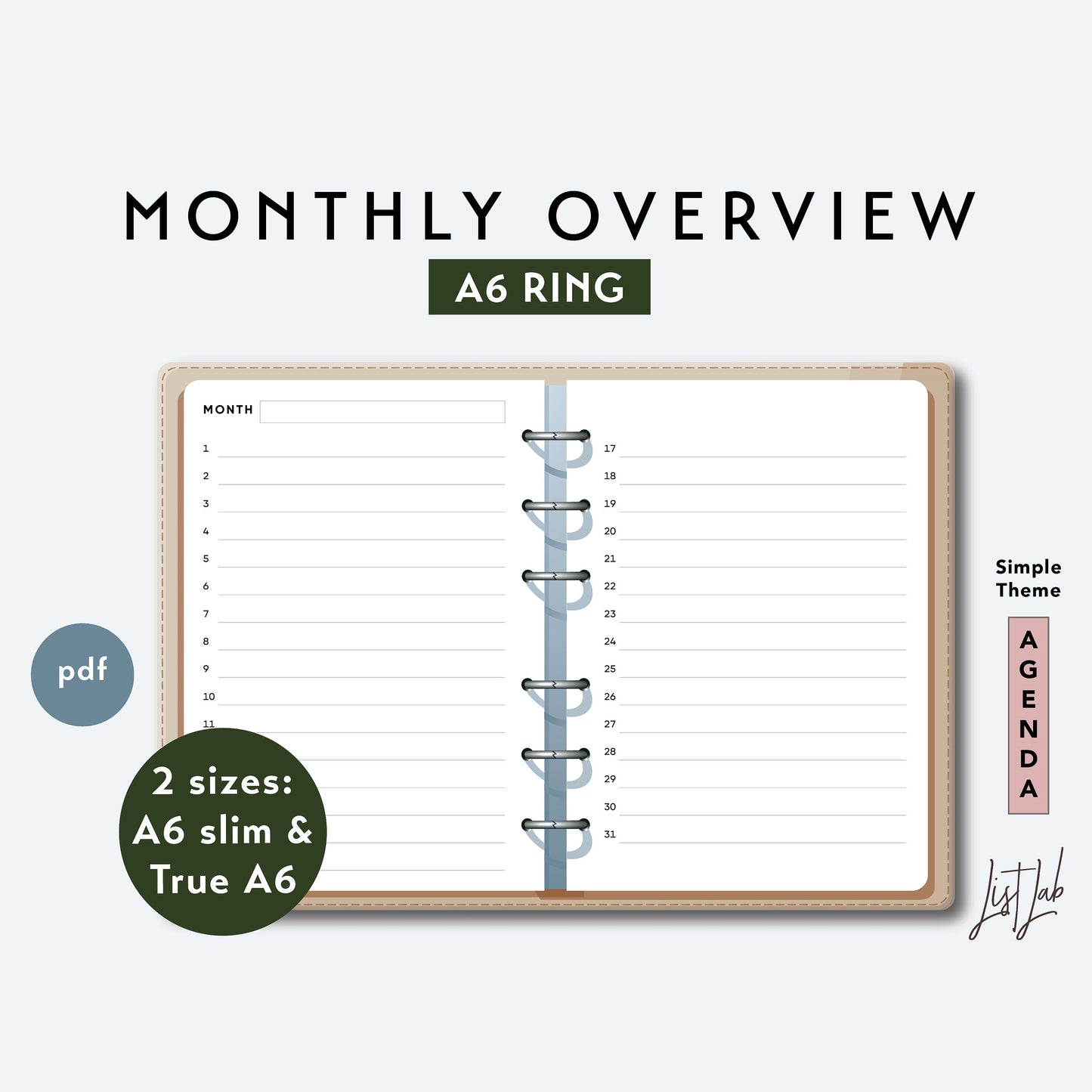 A6 Ring MONTHLY LIST OVERVIEW Printable Set