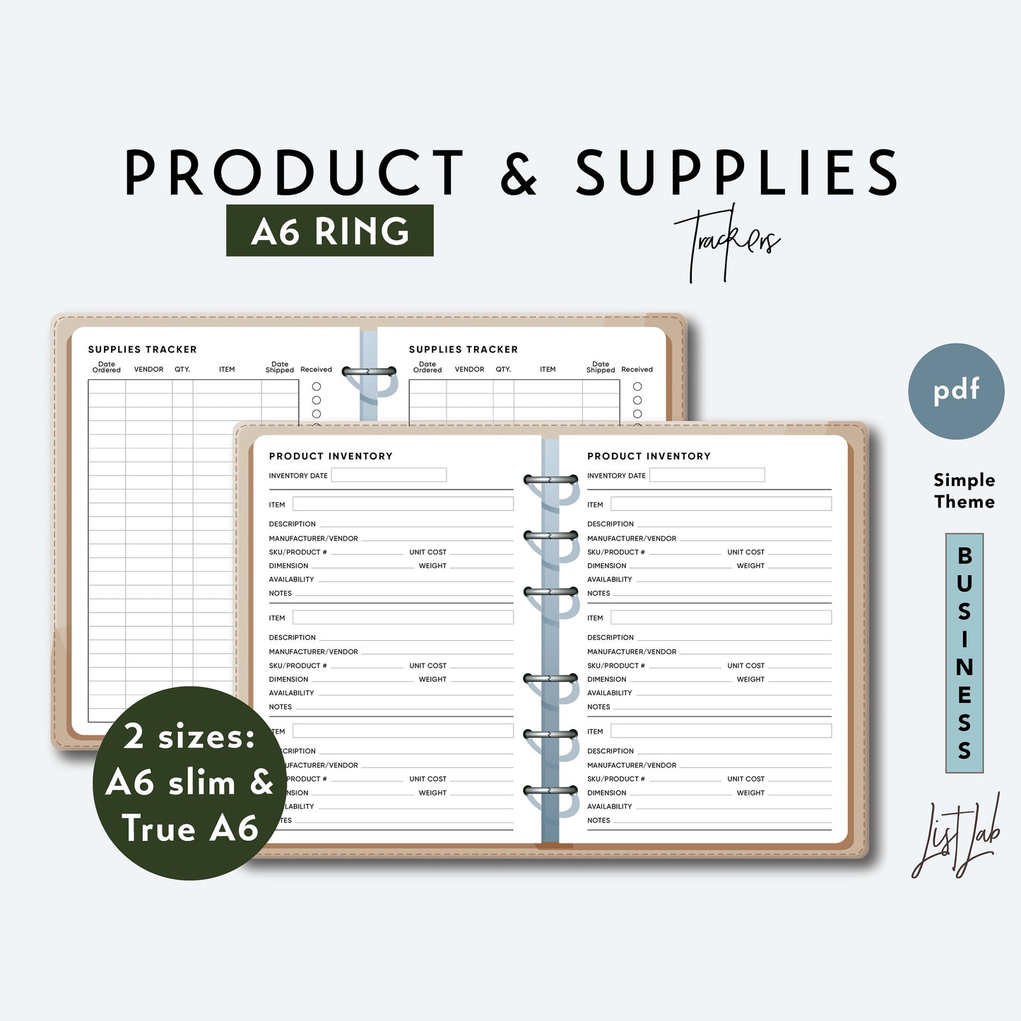 A6 Ring PRODUCT AND SUPPLIES Trackers Printable Set