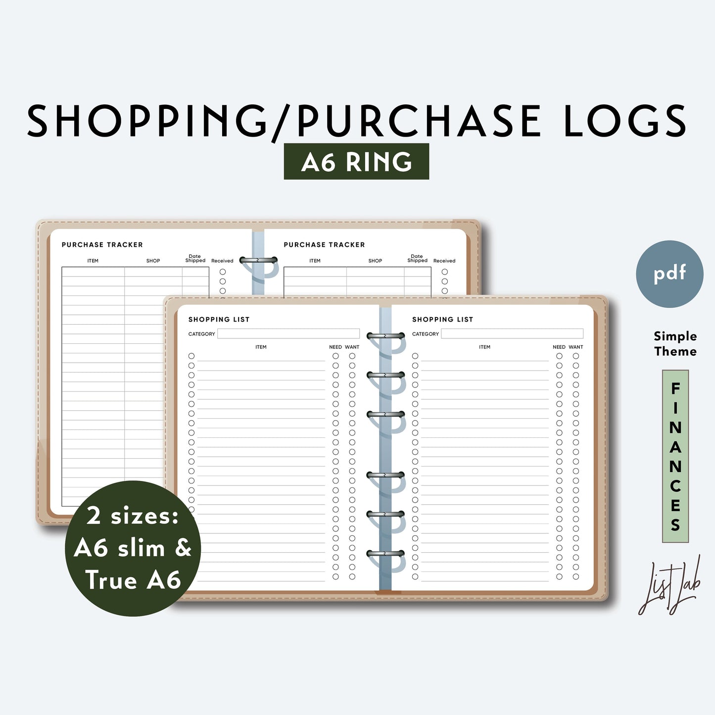 A6 Ring SHOPPING LIST and PURCHASE TRACKER Printable Set