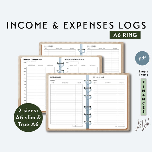 A6 Ring EXPENSES & INCOME Logs  Printable Set