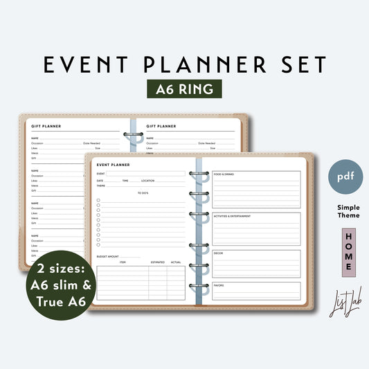 A6 Ring EVENT PLANNER & GIFT PLANNER Printable Set
