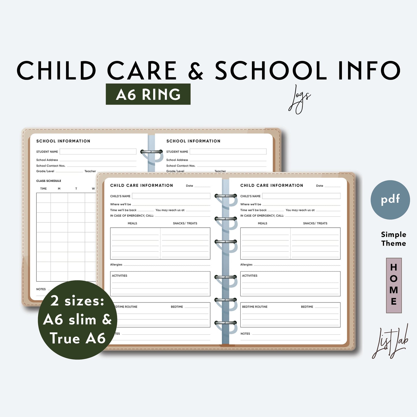A6 Ring CHILD CARE & SCHOOL INFO LOGS Printable Set