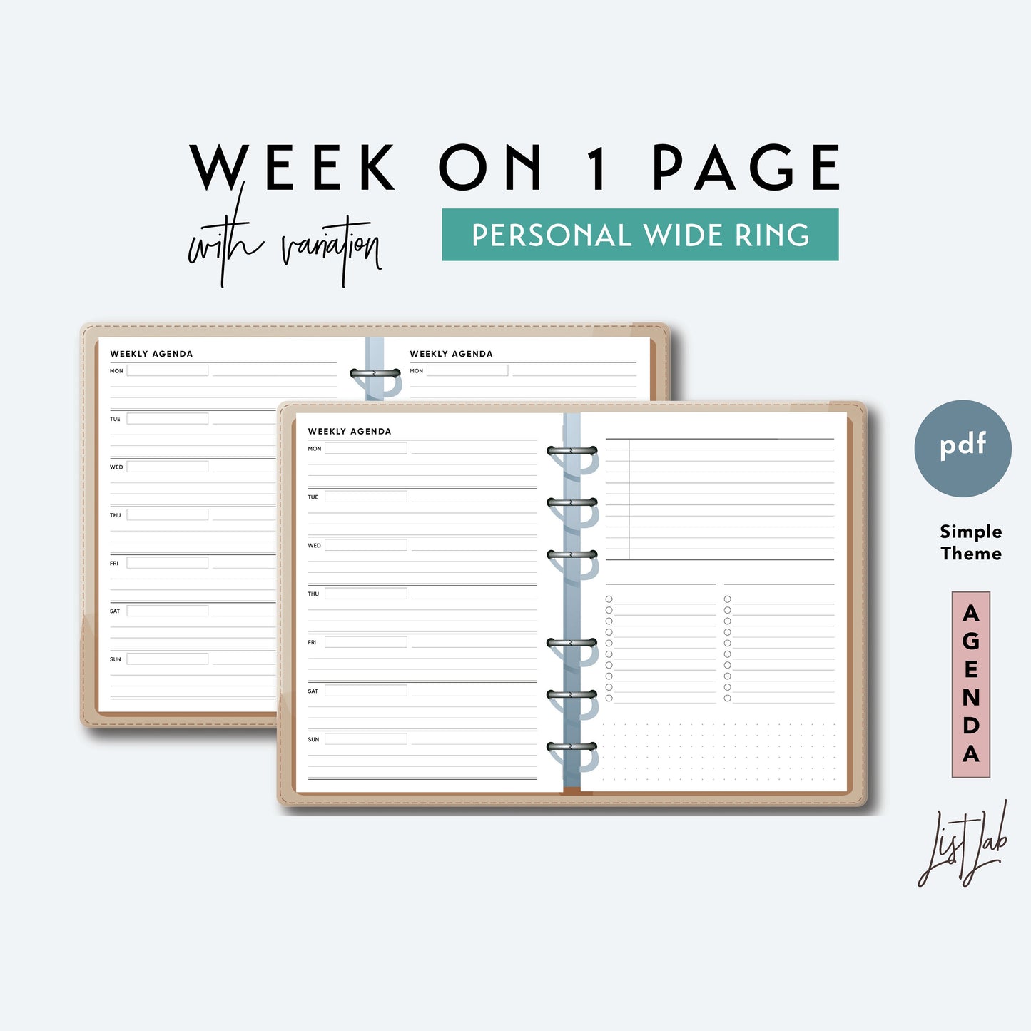Personal Wide Ring WEEK ON 1 PAGE Printable Insert Set