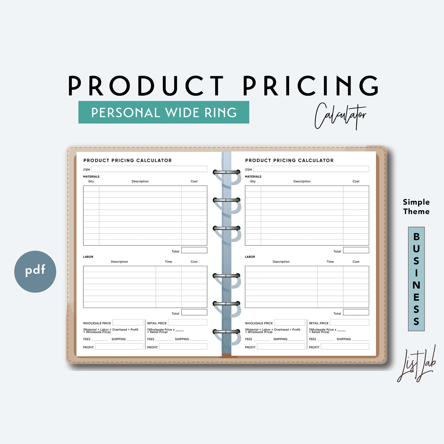 Personal Wide Ring PRODUCT PRICING CALCULATOR Printable Insert Set
