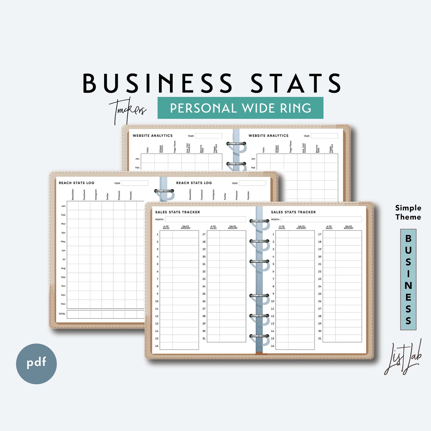 Personal Wide Ring BUSINESS STATS TRACKER Printable Insert Set