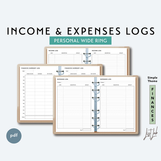 Personal Wide Ring EXPENSES AND INCOME LOGS Printable Insert Set