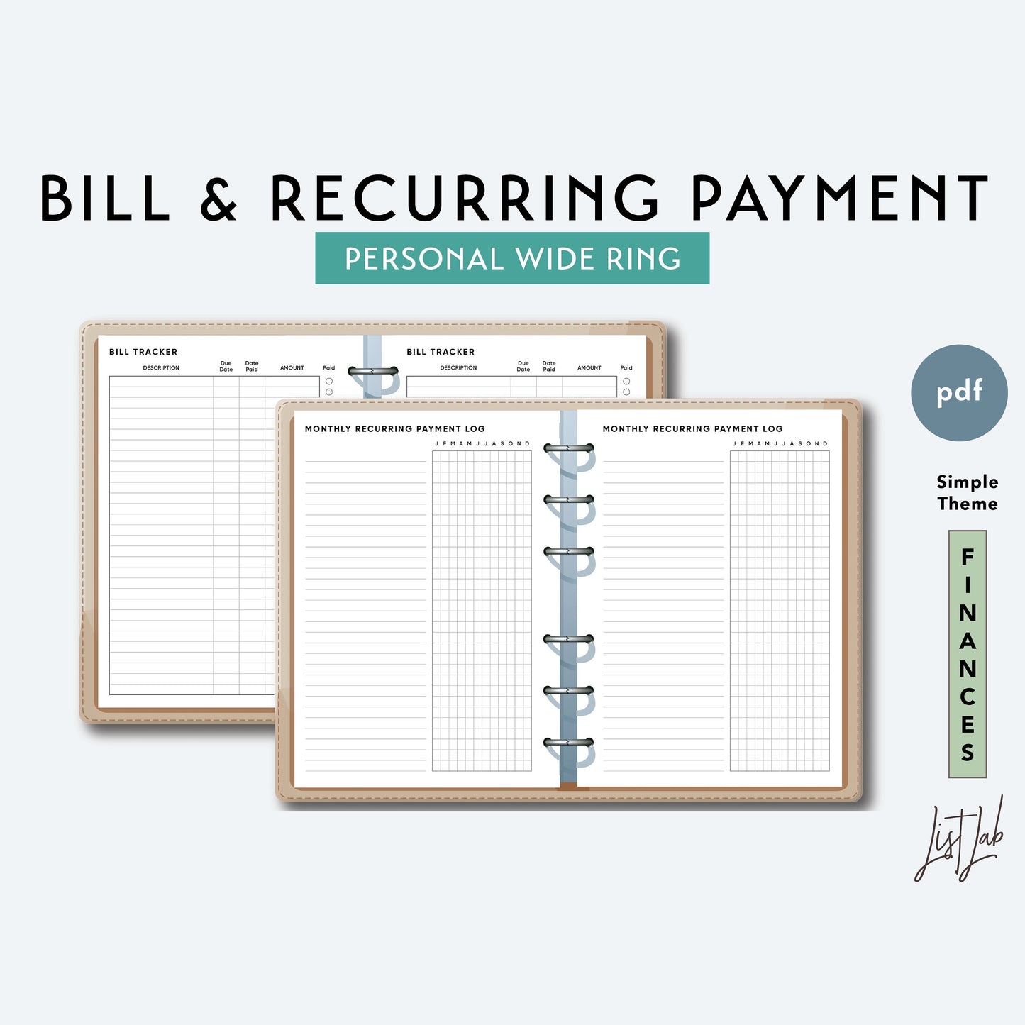 Personal Wide Ring BILL AND RECURRING PAYMENT Printable Insert Set