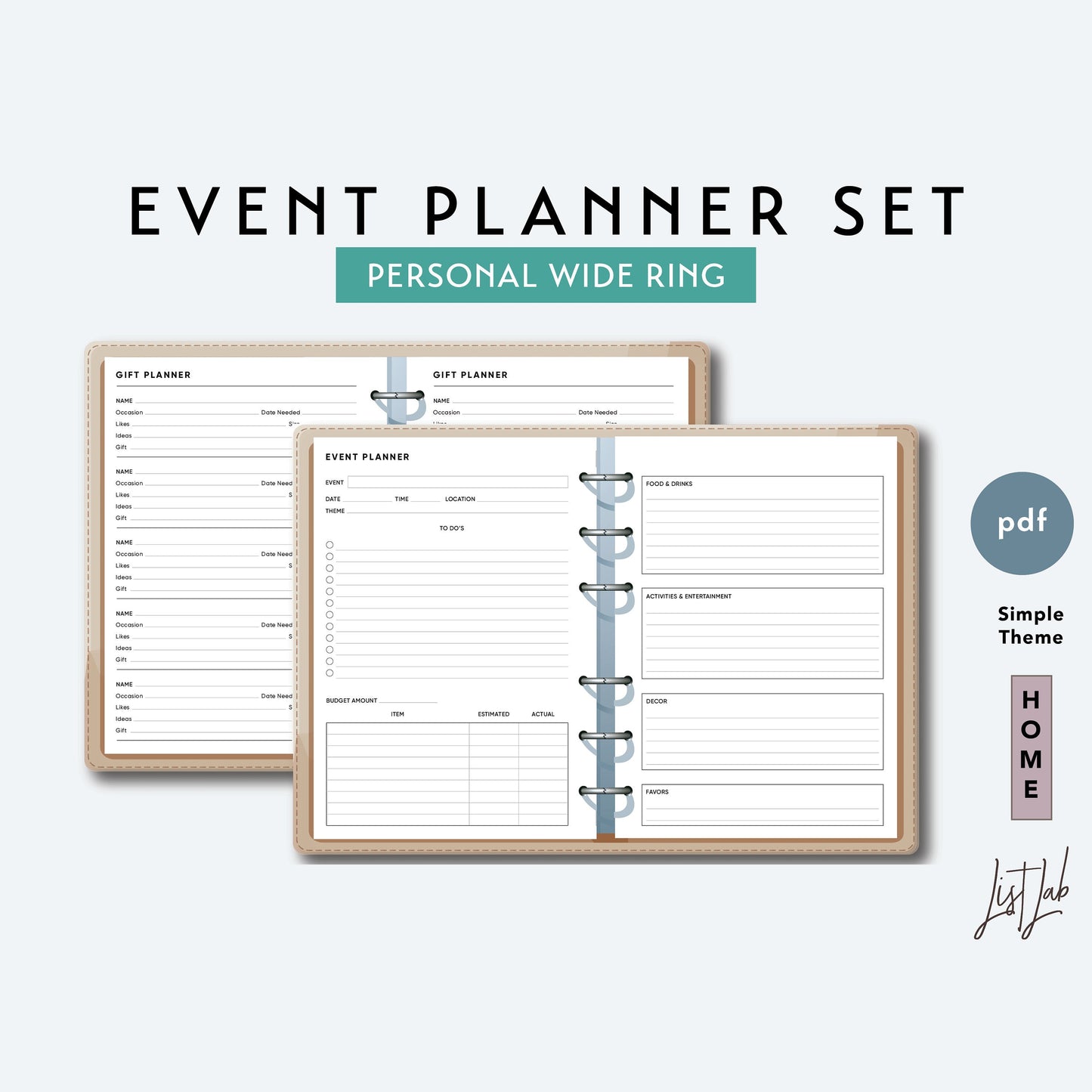 Personal Wide Ring EVENT PLANNER and GIFT PLANNER Printable Insert Set