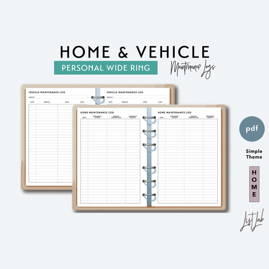 Personal Wide Ring HOME and VEHICLE Maintenance Logs Printable Insert Set